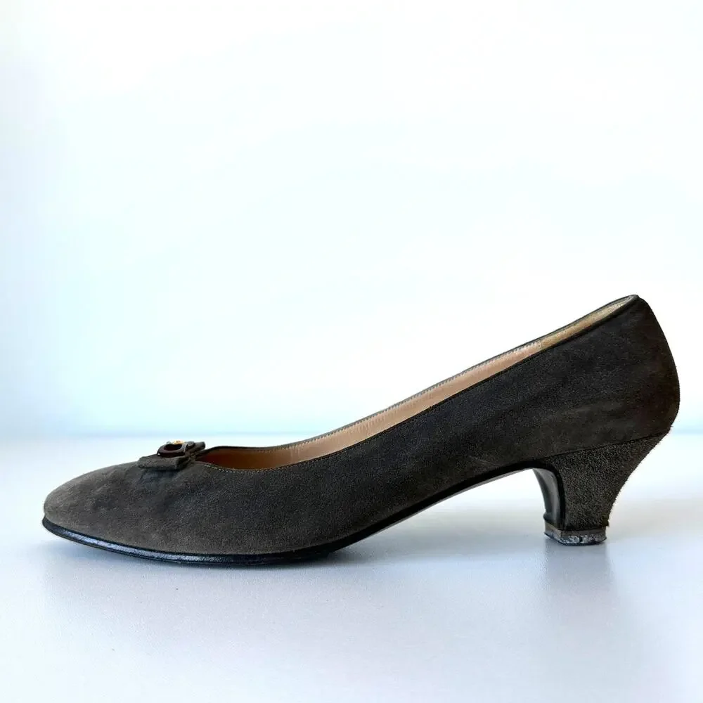 Gucci 1983 Vintage Grey Suede Bow Logo Kitten Heel Size 38 AA